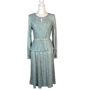 Vintage Floral Midi Dress Women’s M Long Sleeve Pleated Peplum A-Line Retro‎